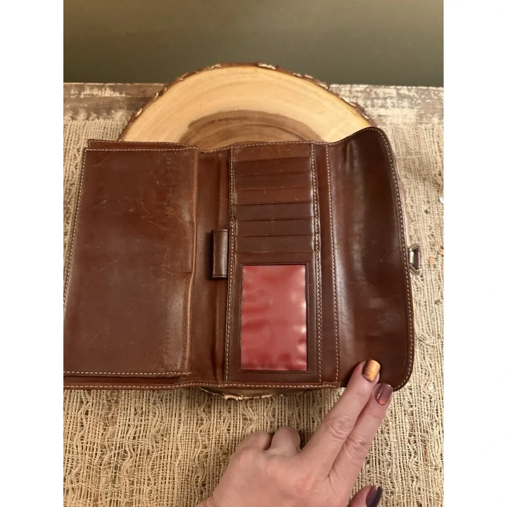 Vintage Dooney & Bourke Brown Leather Canvas Logo Trifold Checkbook Wallet